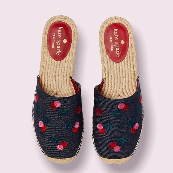 𝅺kate Spade Cherry Mules Denim & Leather Shoes NWT Size 8 - Picture 2 of 4